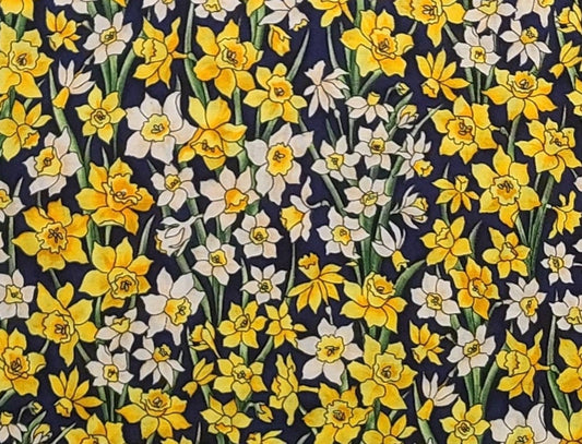 A Year in the Meadow December Style #5962 by Hoffman International Fabrics - Dark Blue Fabric / Yellow and White Flower Print