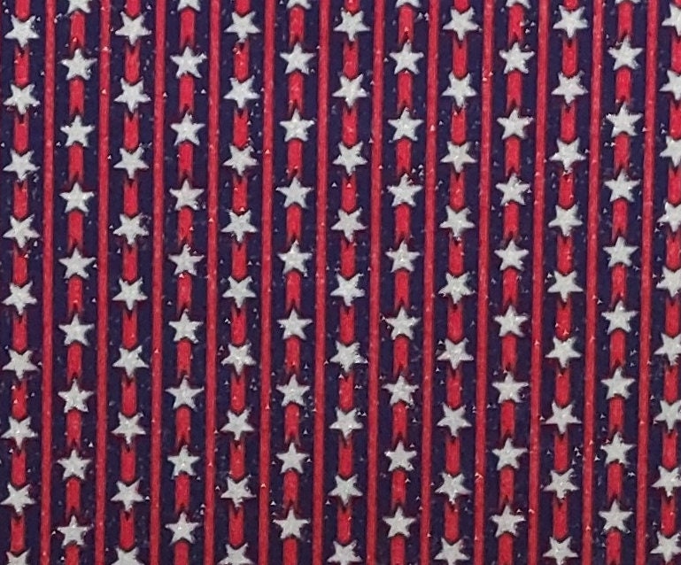 Fabric Traditions 1999 -Red and Dark Blue Stripe (Parallel to Selvage) Fabric / Silver Glitter Stars / Allover Silver Glitter