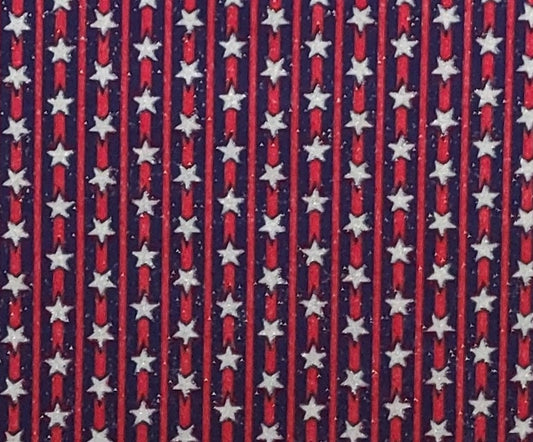 Fabric Traditions 1999 -Red and Dark Blue Stripe (Parallel to Selvage) Fabric / Silver Glitter Stars / Allover Silver Glitter