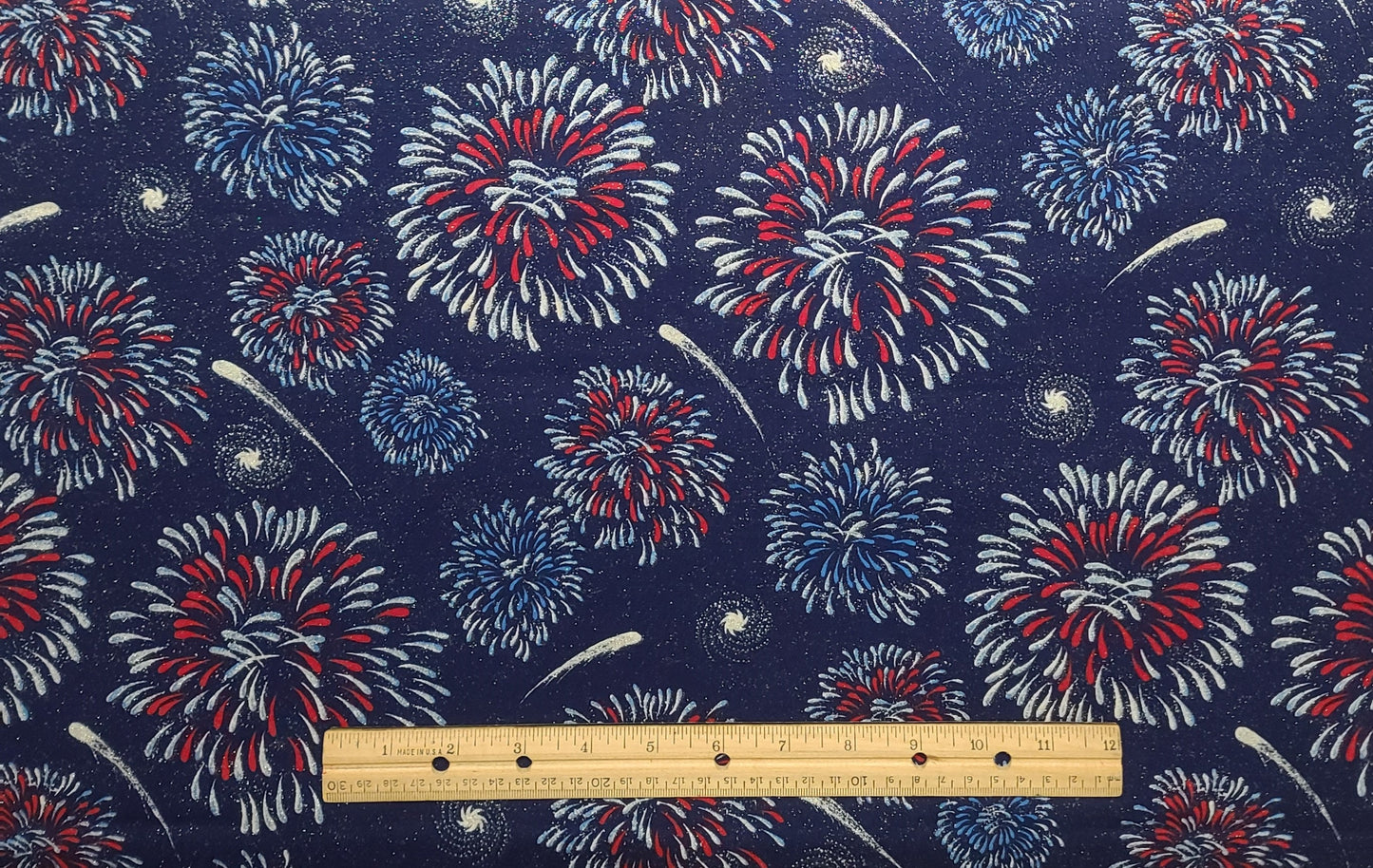 Fabric Traditions 1998 -Dark Blue Fabric / Red, White and Blue Fireworks Print / Allover Silver Glitter