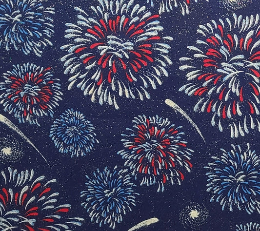 Fabric Traditions 1998 -Dark Blue Fabric / Red, White and Blue Fireworks Print / Allover Silver Glitter