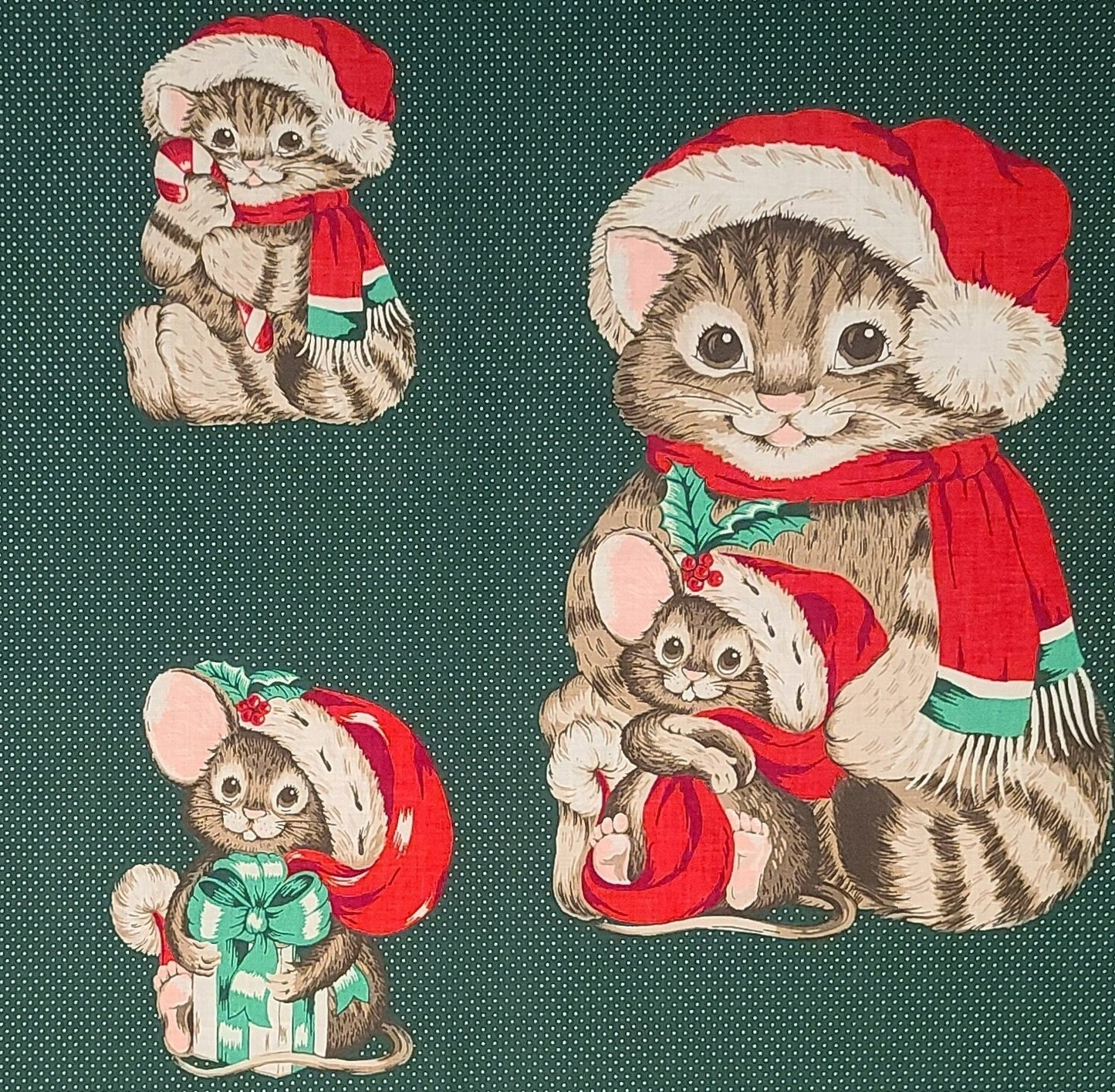 Wamsutta OTC - Dark Green Fabric with White Pindot / Santa Cat and Mouse Print