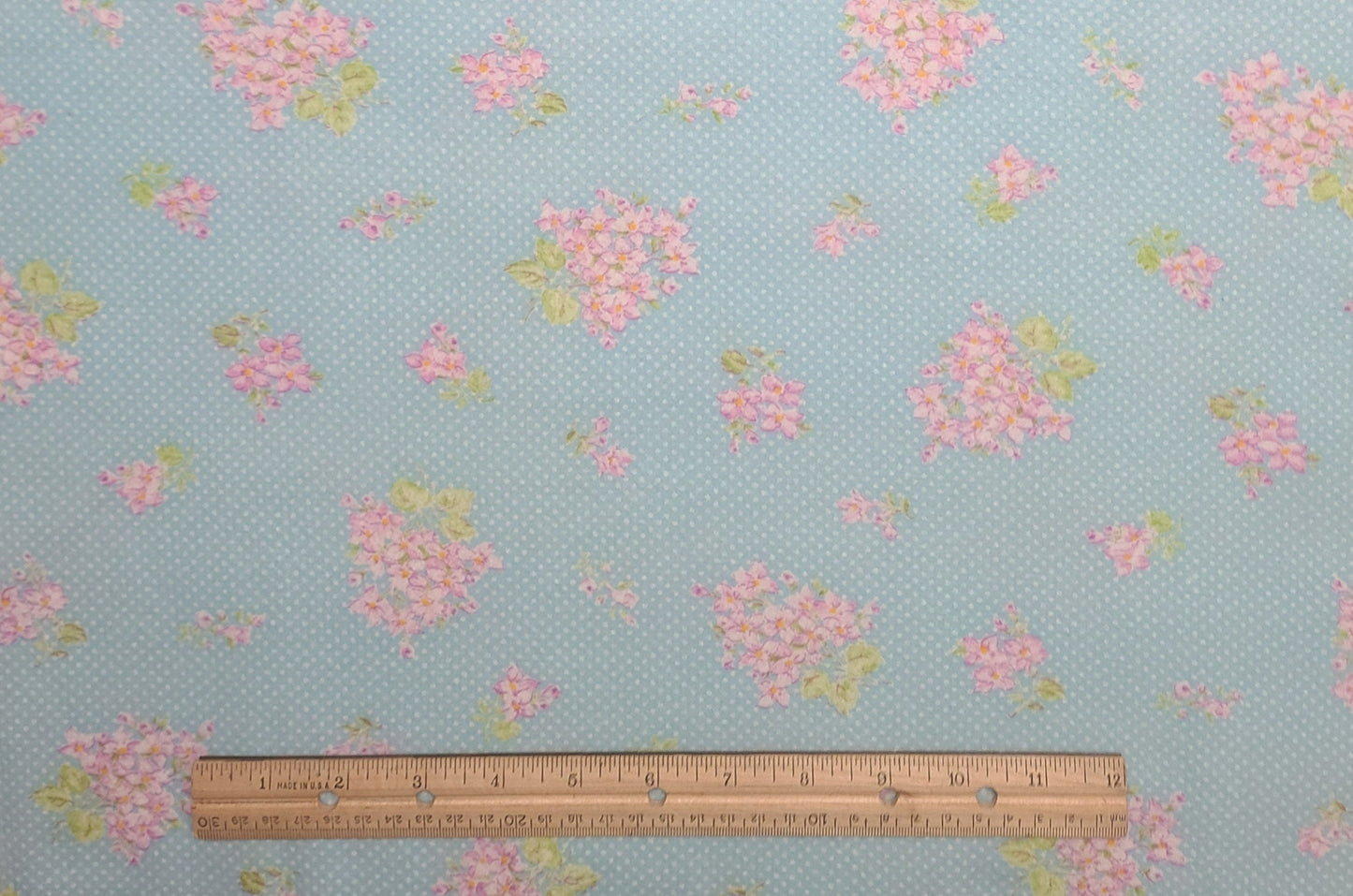 FLANNEL - Bright Light Blue Fabric/White Polkadot Background/Pink and Lavender Flower Clusters/Bright Green Leaves-Selvage to Selvage Print