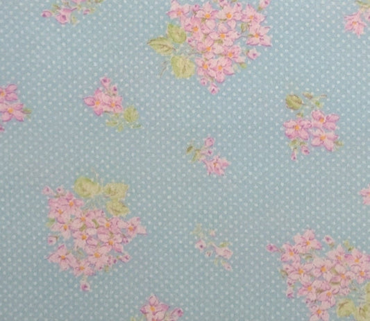 FLANNEL - Bright Light Blue Fabric/White Polkadot Background/Pink and Lavender Flower Clusters/Bright Green Leaves-Selvage to Selvage Print