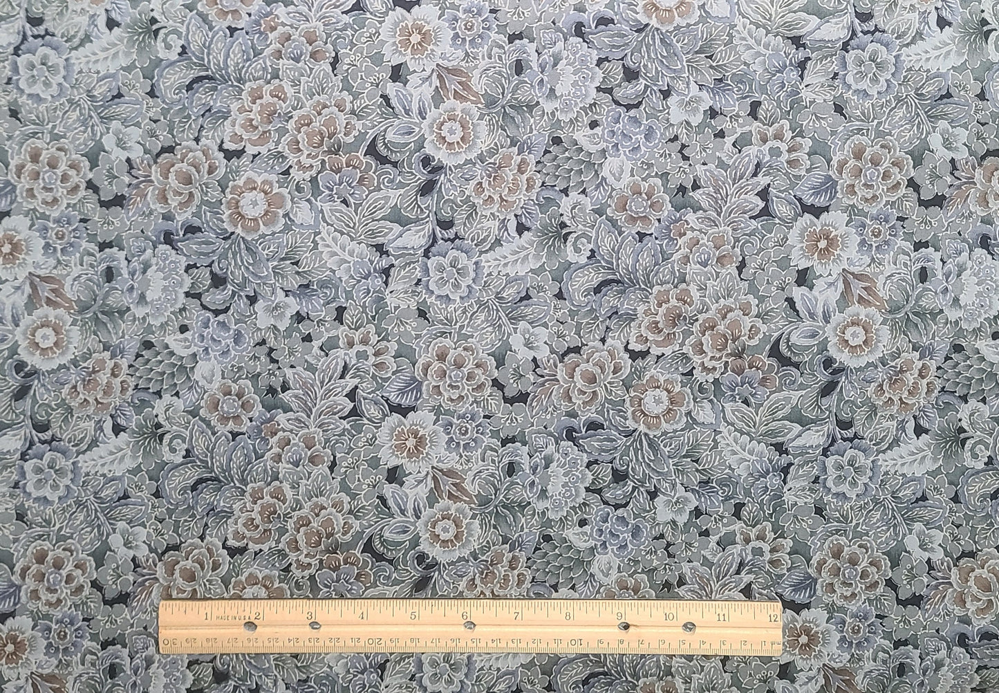 Woodblocks by Hoffman California Fabrics - Black Fabric / Gray, Slate and Brown Allover Flower Print