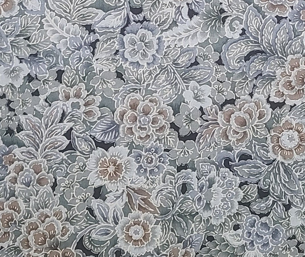 Woodblocks by Hoffman California Fabrics - Black Fabric / Gray, Slate and Brown Allover Flower Print