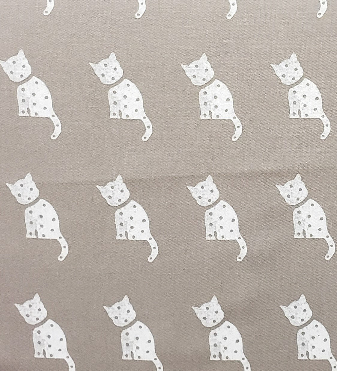 Riley Blake Design Pattern c10599. Old Made by J. Wecker Frisch 2021 - Cat Stamp - Gray Fabric / White Cat - Polka Dotted Cat Silhouette