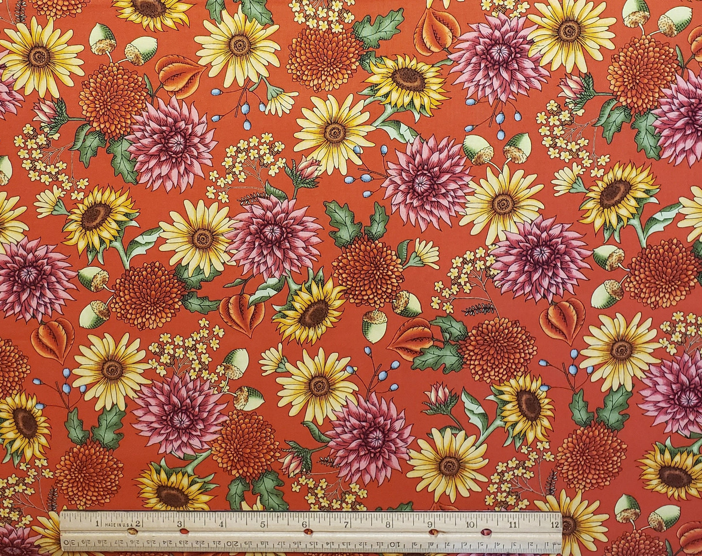 Sweater Weather by Kris Lammers from Maywood Studio - Flowers - Orange Fabric / Yellow / Pink / Green / Flowers / Acorn