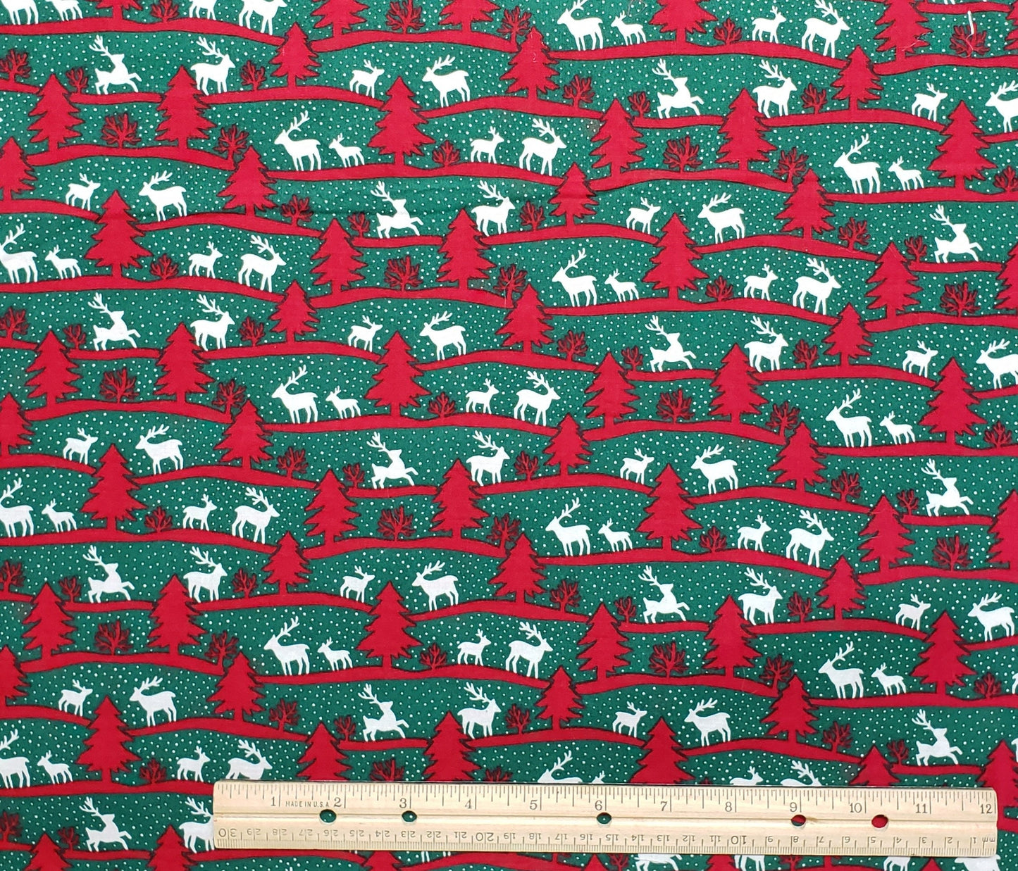 Christmas / Green Fabric / Red Tree Veritcal Stripe / White Reindeer and Snow Print - Selvage to Selvage Print