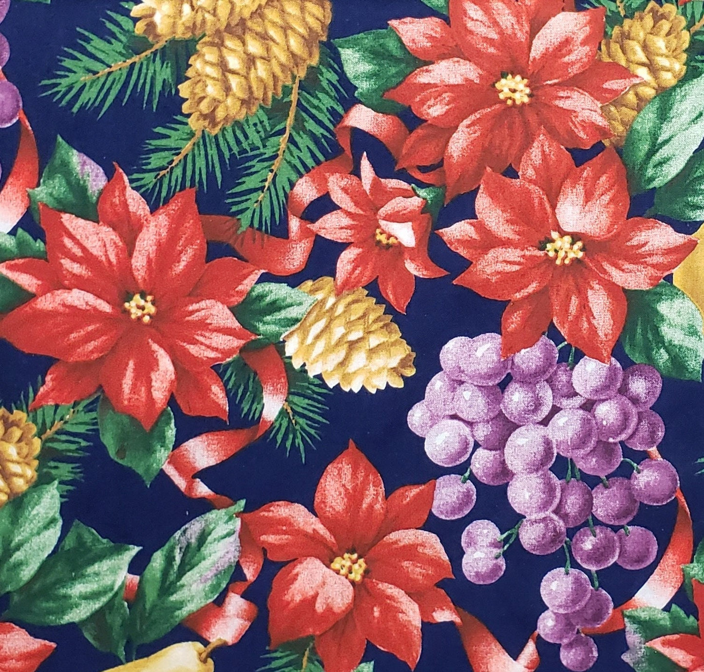 Faye Burgos for Marcus Brothers Textiles - Navy Fabric / Poinsettia/Pine Cones/Pine Bough/Grape Cluster/Pears/Red Ribbon / Christmas Print