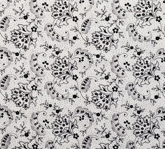 A VIP Print Cranston Print Works - White Fabric / Black Dot and Fleur de Lis Pattern