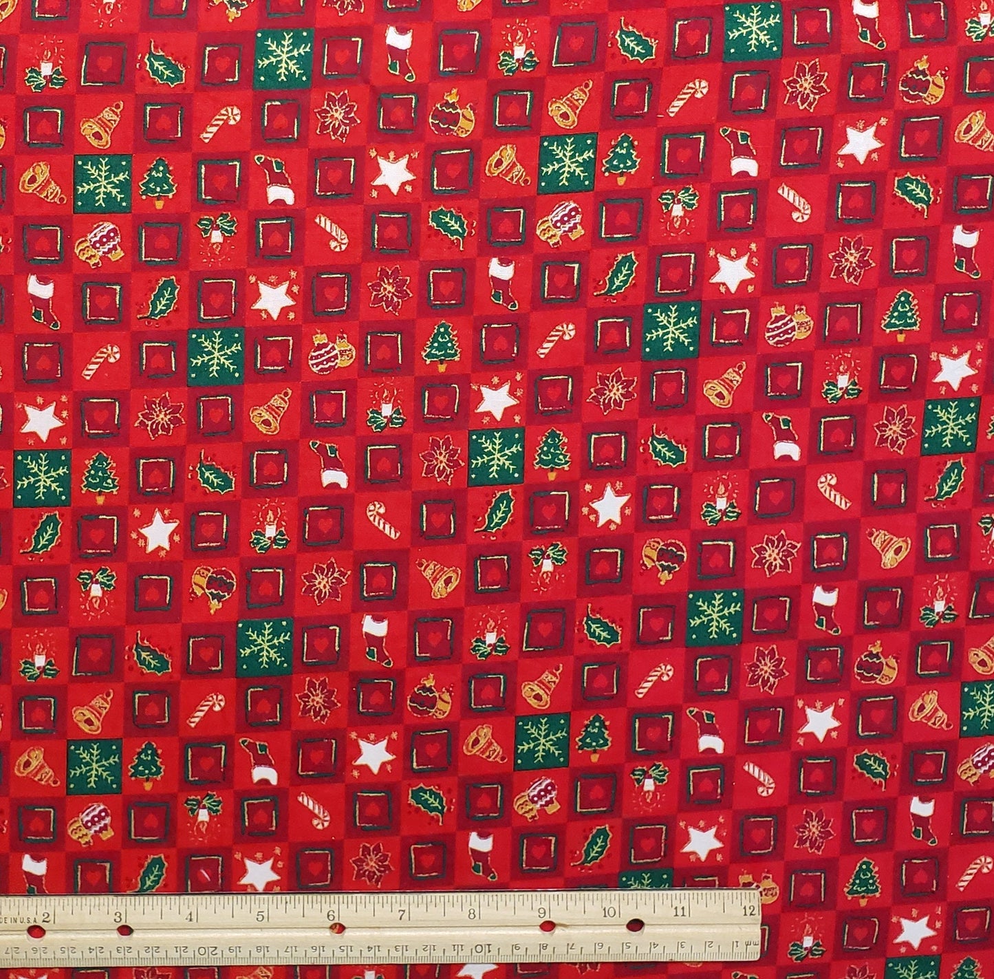 Seasons Greetings From Fabri Quilt, Inc. Pattern #80 - Red Fabric / Dark Red / Green / Checkerboard Print / Gold Metallic / Christmas