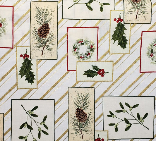 Tis the Season Exclusively for JoAnn Stores - White Fabric / Metallic Gold / Diagonal Stripes / Patchwork Holly / Pine Print