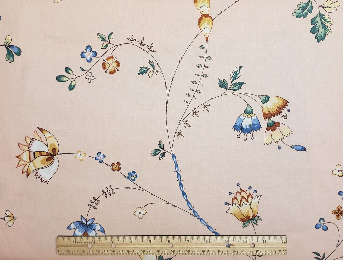 EOB - A Jay Yang Design, Reproduced by Permission of the Victoria & Albert Museum - Peach Fabric - Floral/Bronze/Cream/Green/Blue Print - 54" WIDE