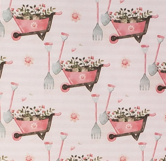 Pale Pink Stripe Fabric / Pink Wheelbarrow / Garden Tools / Flower Print