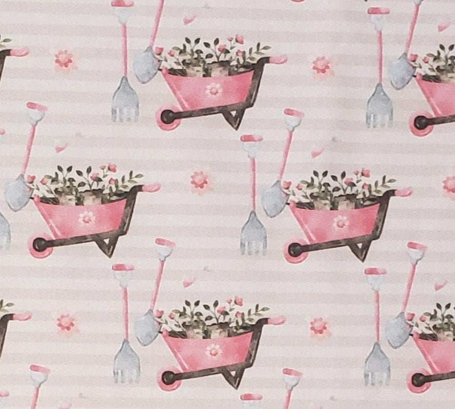 Beige / Taupe Stripe Fabric / Pink Wheelbarrow / Garden Tools / Flower Print