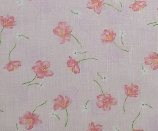 Pale Pink Fabric / Pink Scattered Flower Print / Flower Silhouette - Selvage to Selvage Print