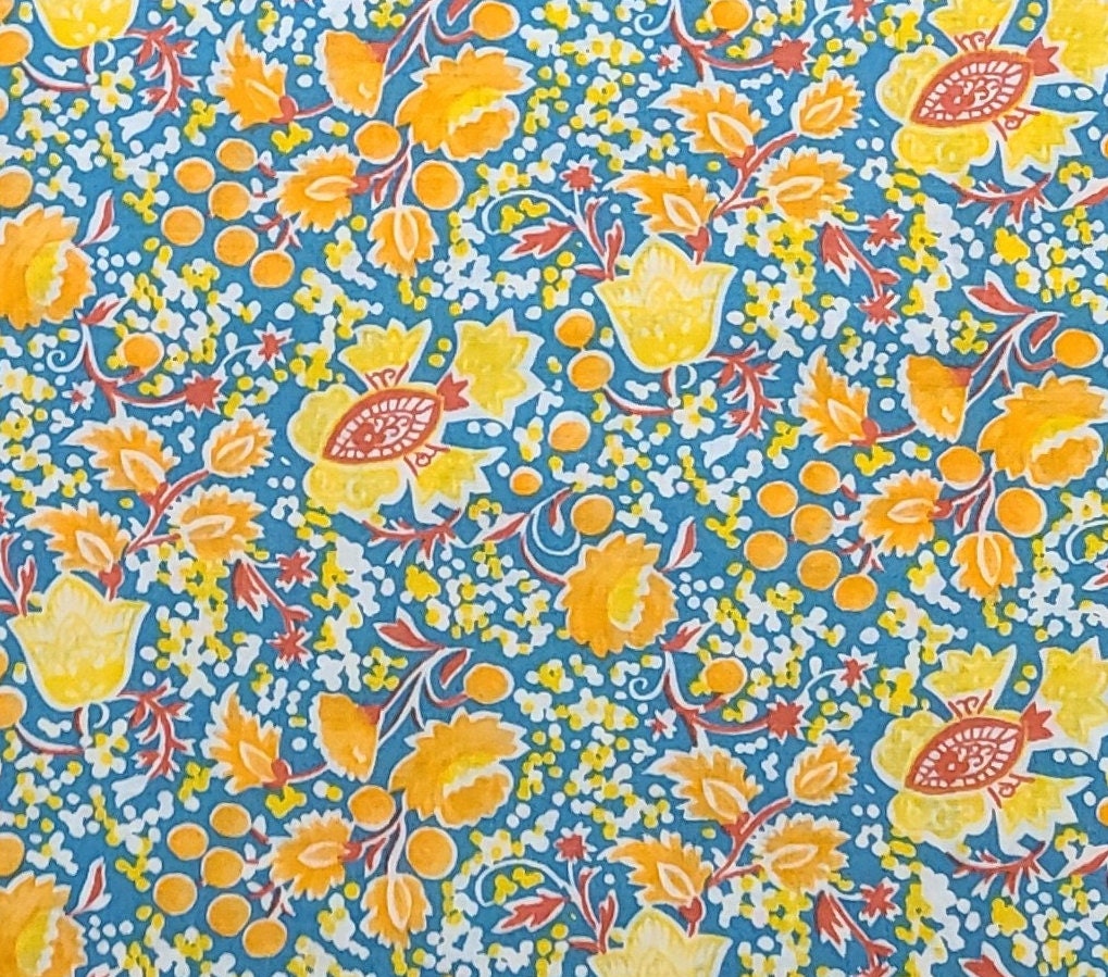 Meduim Blue Fabric / Orange, Yellow and Red Retro Flower Print - Selvage to Selvage Print