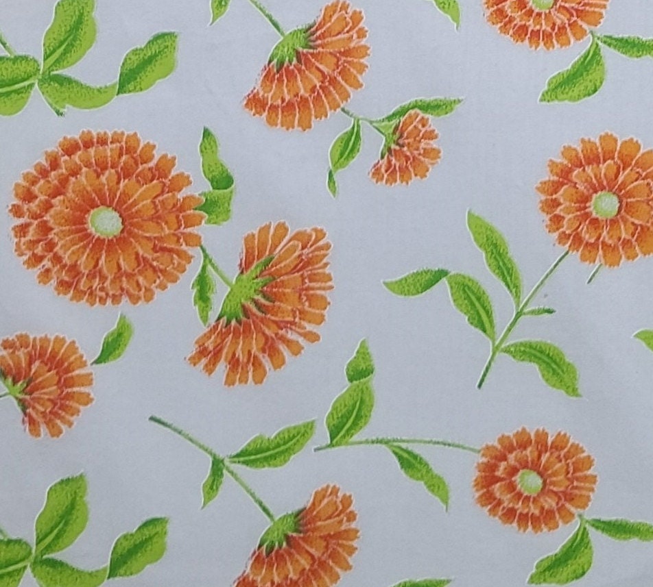 EOB - White Fabric / Orange Flower / Bright Green Leaf Print - Selvage to Selvage Print