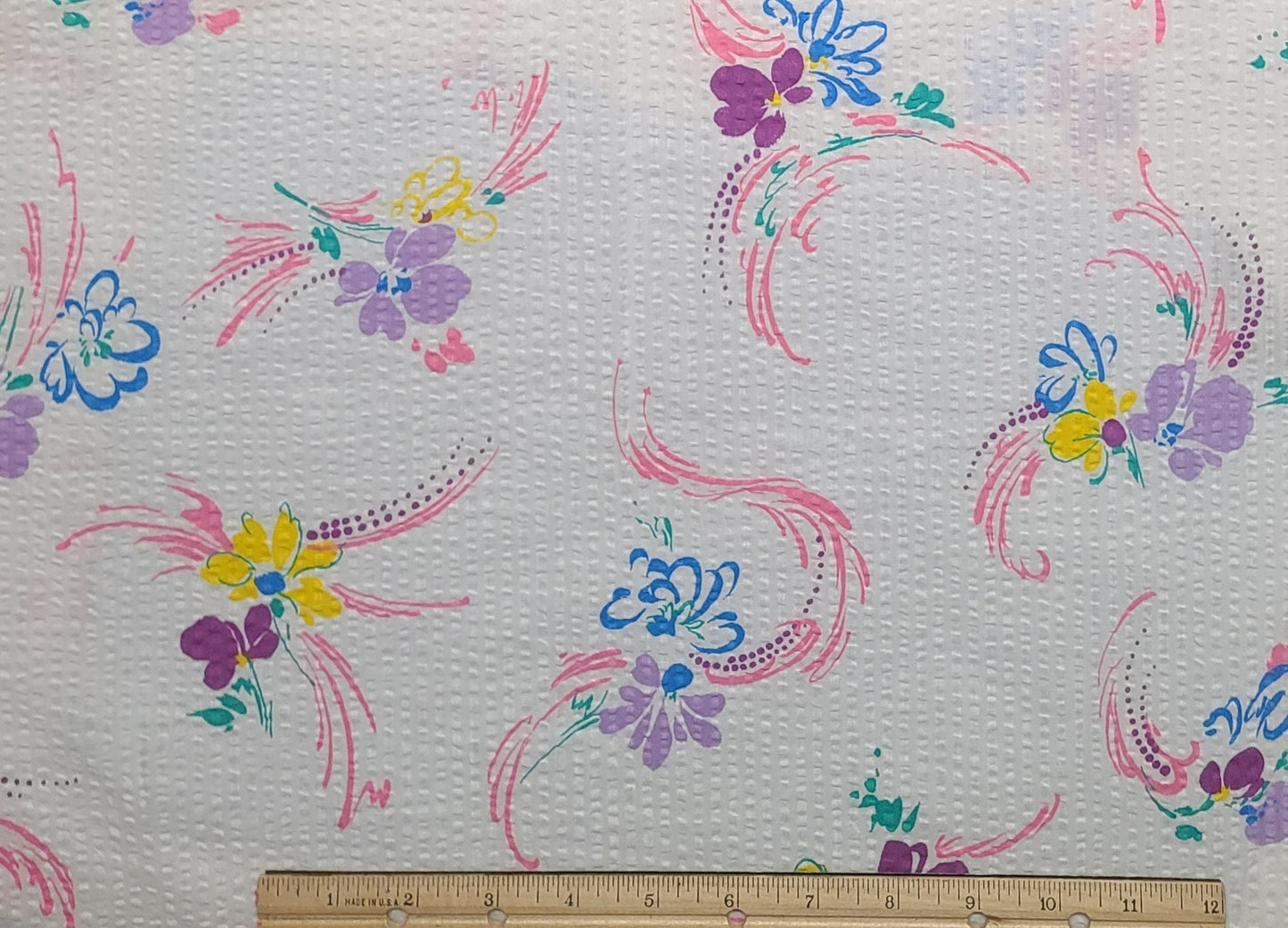 Vintage CRINKLE COTTON-White Fabric/Bright Purple, Lavender, Yellow and Blue Flower Print/Bright Pink and Aqua Leaves-Selvage-Selvage Print