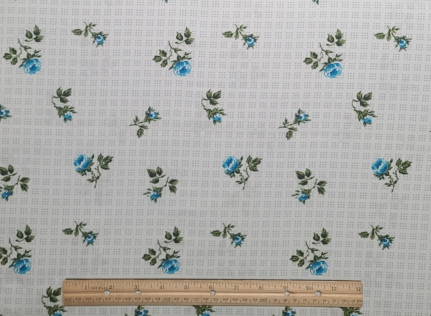 D. B. F. & Co. Inc. 1958 - Vintage 38" WIDE White Fabric with Gray Dot Pattern / Bright Blue Flower Print / Dark Olive Leaves