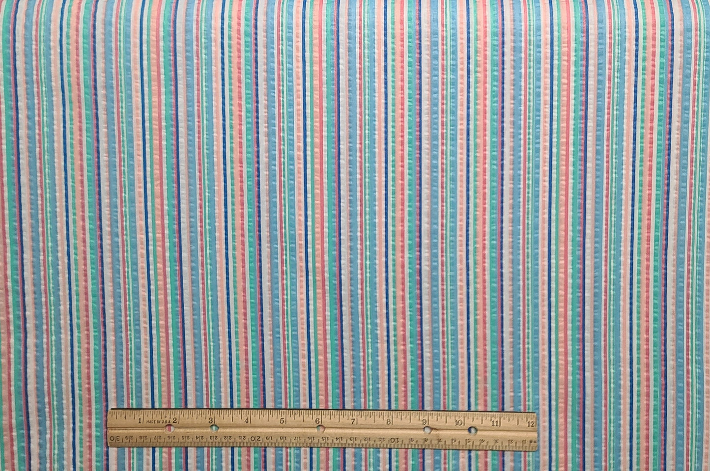 CRINKLE COTTON / SEERSUCKER - Blue / Light Blue / Aqua / Coral Stripe Fabric - Selvage to Selvage Print