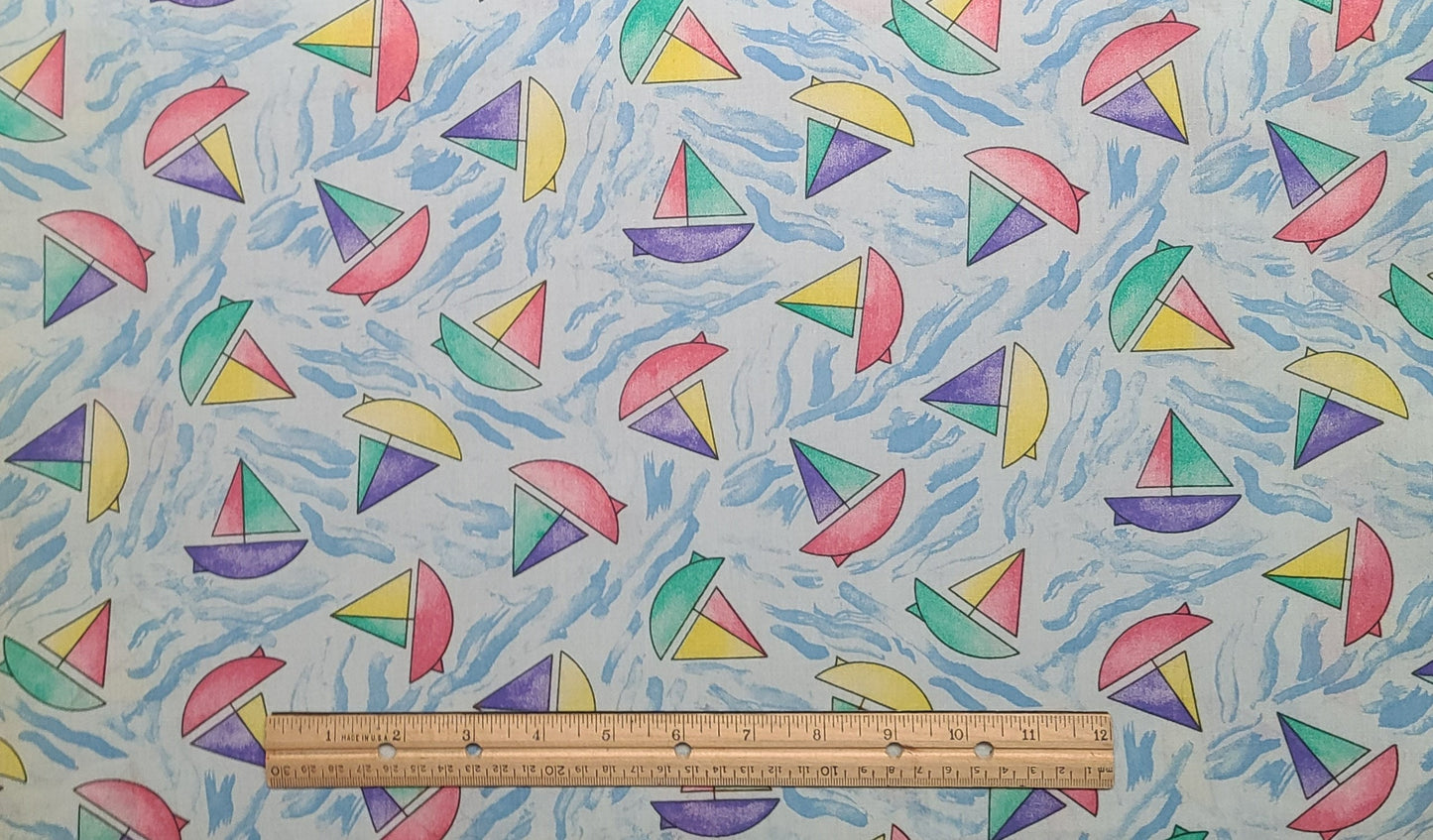 Pale Blue Fabric / Light Blue 'Waves' / Primary Colored Sailboat Print / Juvenile