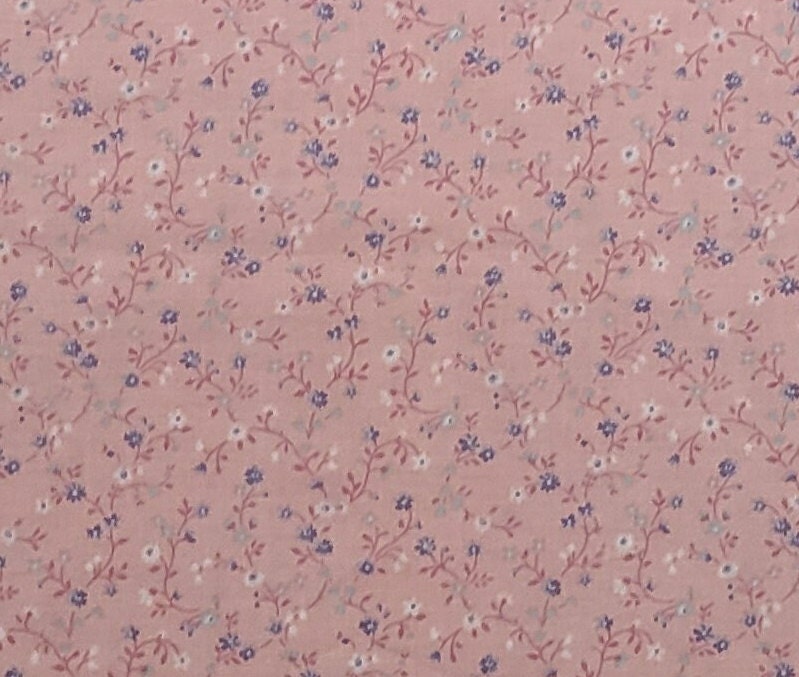 A VIP Print Cranston Print Works Company - Pink Fabric / Blue / White Flower Print / Dark Pink Vine and Leaves