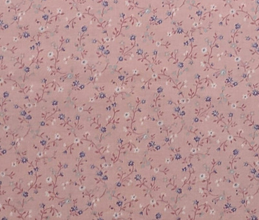 A VIP Print Cranston Print Works Company - Pink Fabric / Blue / White Flower Print / Dark Pink Vine and Leaves