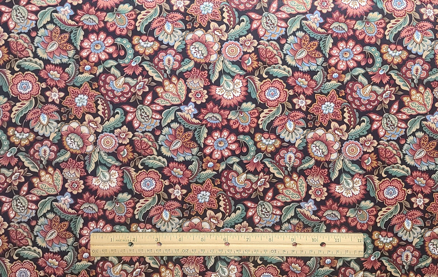 A VIP Print Cranston Print Works Co. - Black Fabric / Maroon / Rose / Blue / Tan / Paisley Flower Print