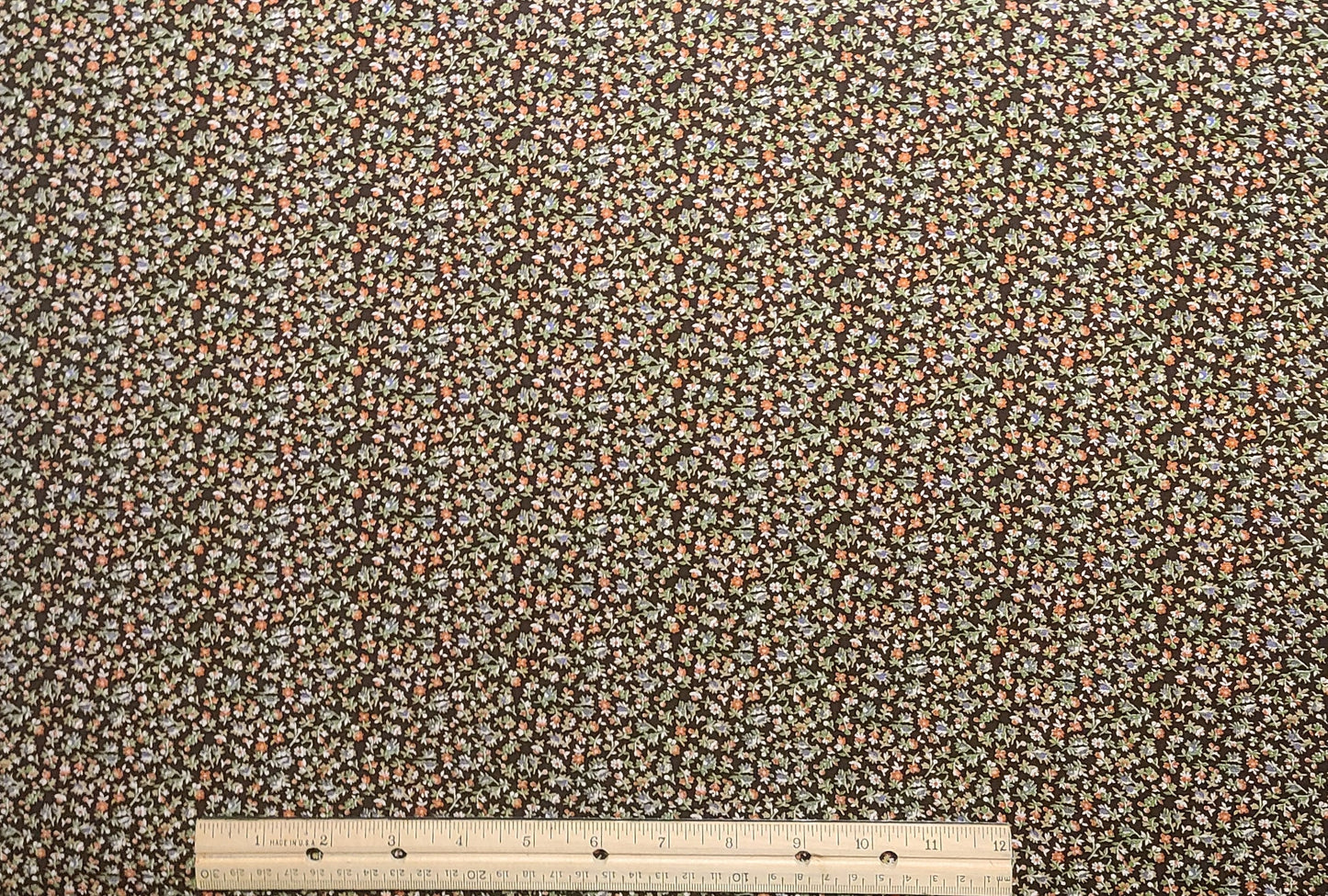 Dark Brown Fabric / Coral, Rust, Cornflower Blue, White and Green Ditsy Floral Print - Selvage to Selvage Print