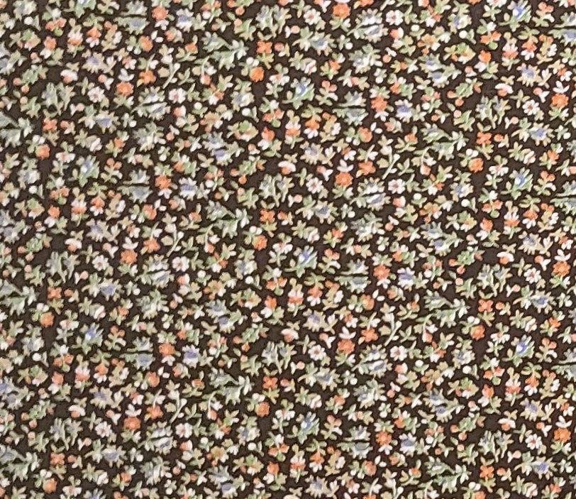 Dark Brown Fabric / Coral, Rust, Cornflower Blue, White and Green Ditsy Floral Print - Selvage to Selvage Print