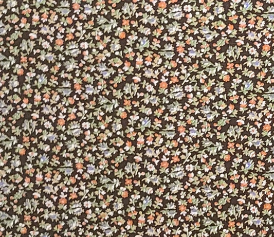 Dark Brown Fabric / Coral, Rust, Cornflower Blue, White and Green Ditsy Floral Print - Selvage to Selvage Print