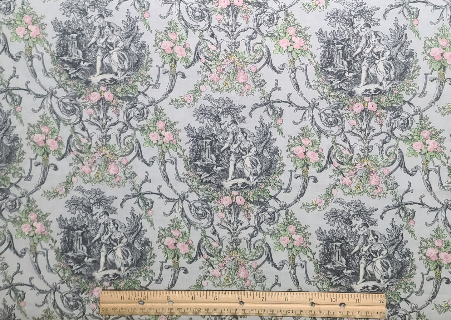 Pale Blue Fabric / Gray and White Victorian Vignette Surrounded by Pink Rosebuds and Gray Vines - Selvage to Selvage Print