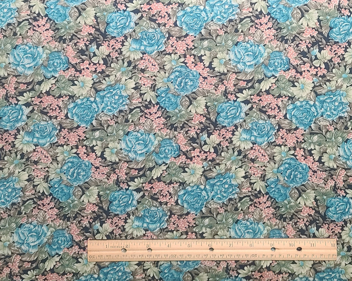 Midnight Blue COTTON BLEND Fabric / Teal, Rose, Sage and Tan Flower Print - Selvage to Selvage Print