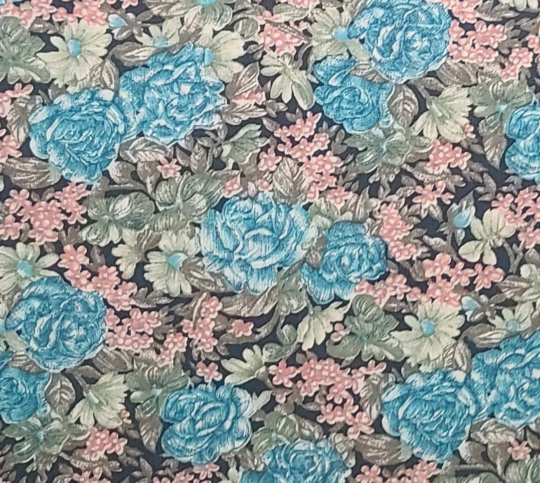 Midnight Blue COTTON BLEND Fabric / Teal, Rose, Sage and Tan Flower Print - Selvage to Selvage Print