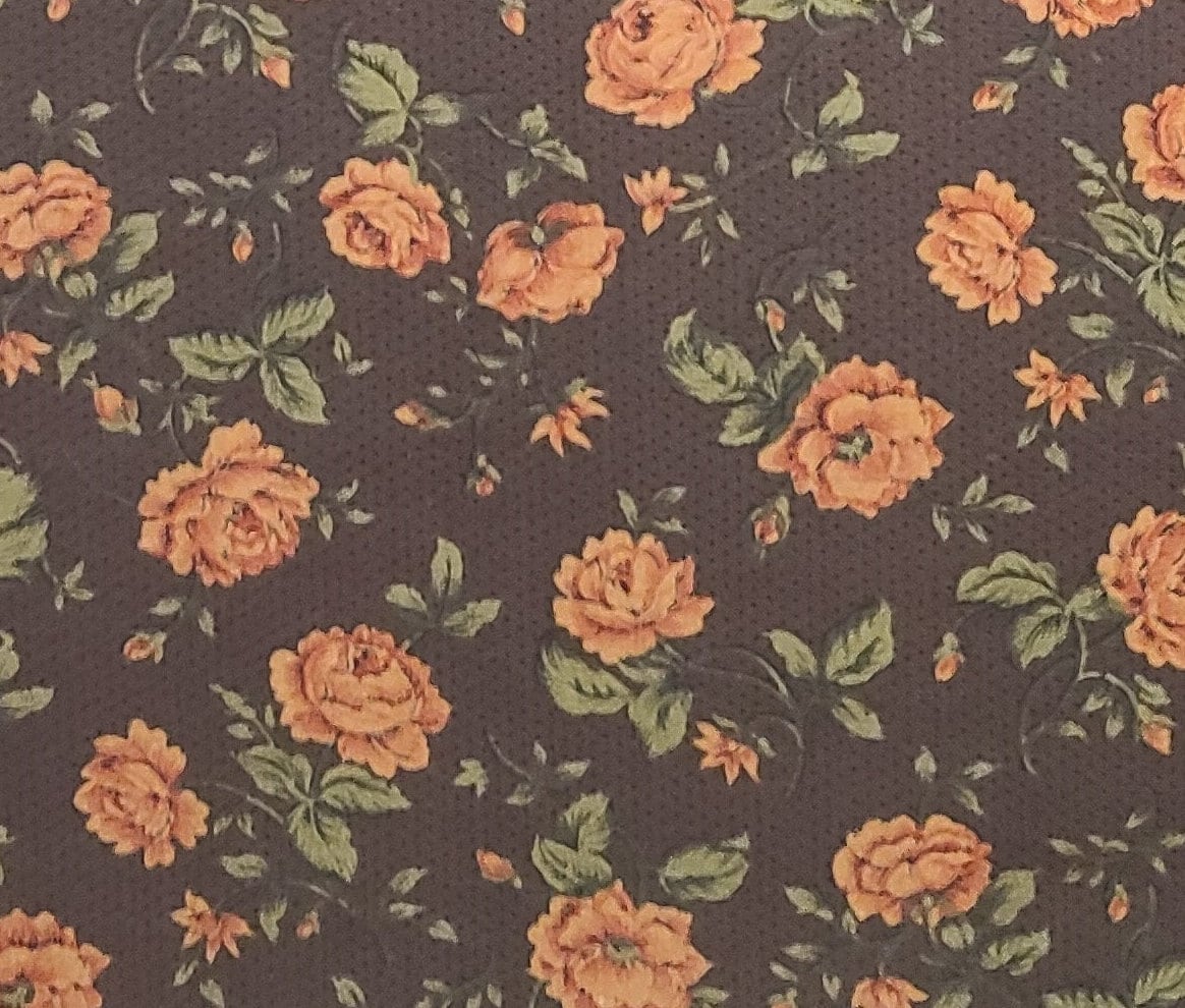 Peter Pan Fabrics, Inc. - Dark Brown Fabric / Black Pindot Background / Red-Orange and Tan Flower Print / Dark Olive Leaves