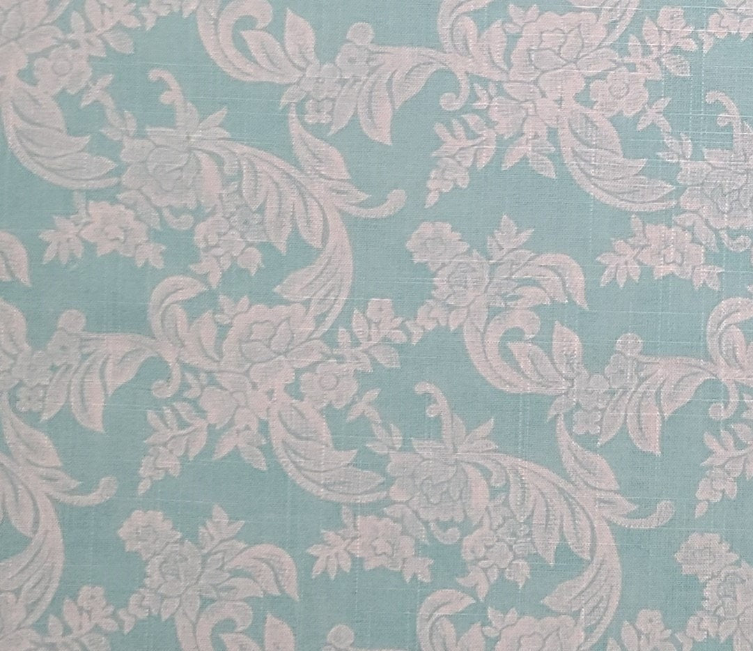 Aqua Fabric - 45" WIDE Linen Blend / White Victorian Style Floral Print - Selvage to Selvage Print