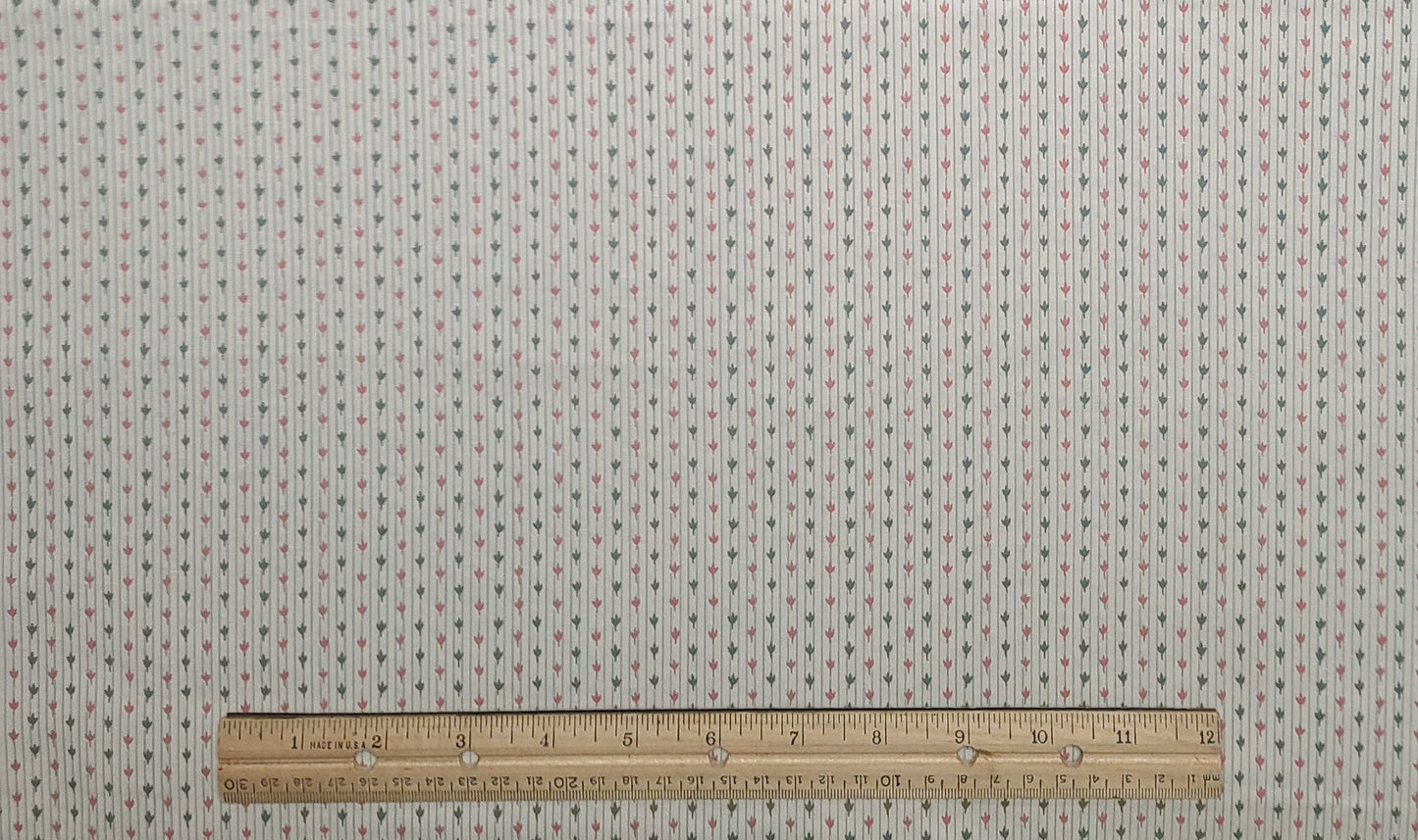 EOB - Soft White Vintage Stripe Fabric / Blue-Green and Rose "Leaf" Print - Selvage to Selvage Print