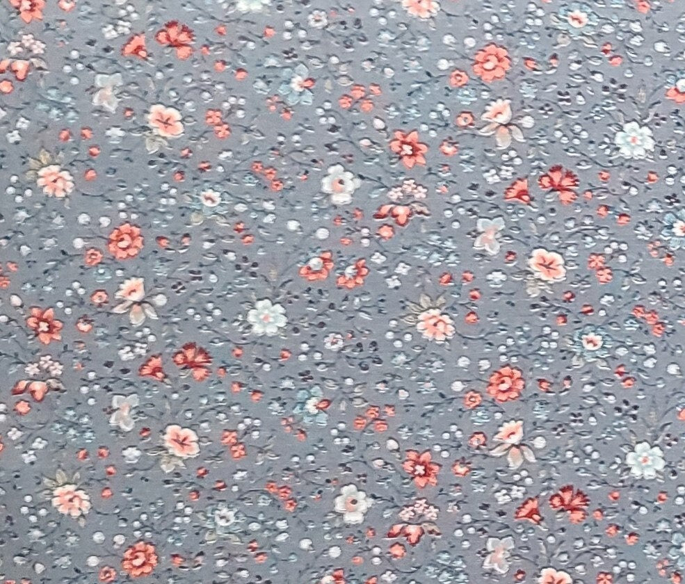 VIP Print Cranston Printworks Company - Dark Gray Fabric / Floral Print in Shades of Coral, Blue and White