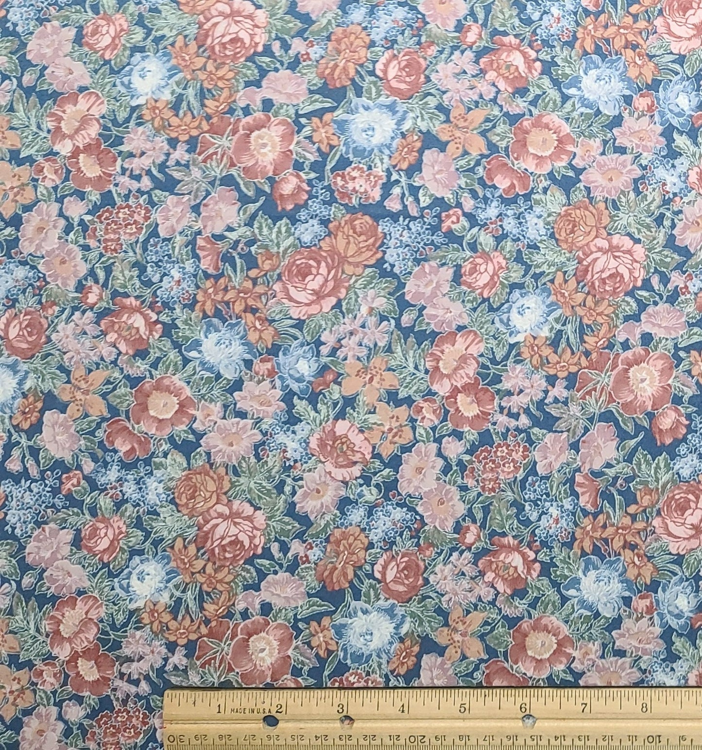 Dark Colonial Blue Fabric / White, Tan, Pink and Dusty Rose Floral Print