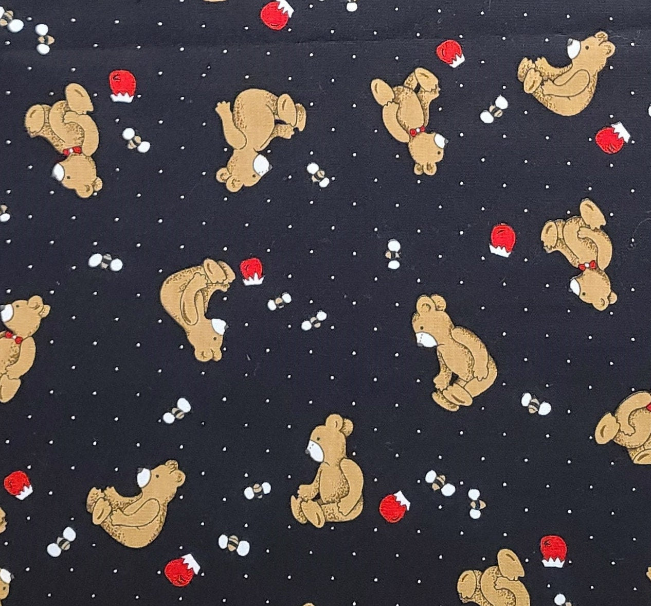 Cranston Printworks - Schwartz Leibman TEX. Inc - Black Fabric with White Pindot Background / Brown Teddy Bear, Bee, Red and White Jar Print