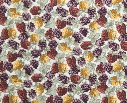 John Kaldor - Soft White Fabric / Blackberry, Raspberry and Goldenberry Print / Olive Leaves