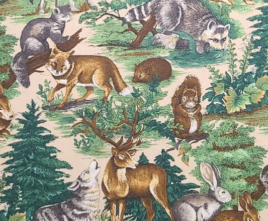 VIP Cranston Printworks Co - Woodland or Forest Print / Tan Fabric / Woodland or Forest Animals in Brown, Tan and Gray / Evergreen Trees