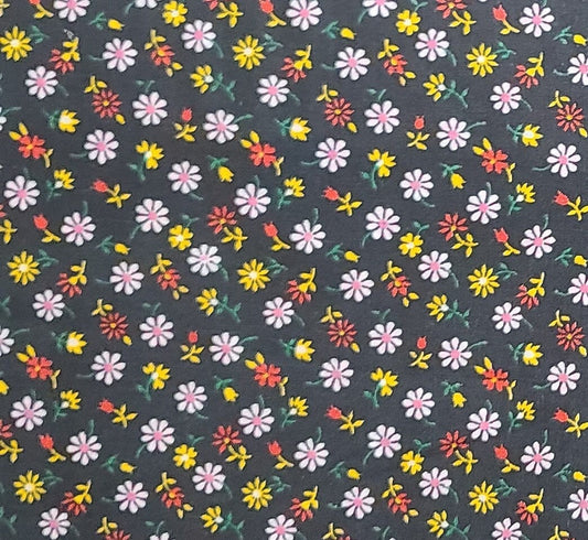 Black 35" WIDE Vintage Fabric / Red, Yellow and White Flower Print