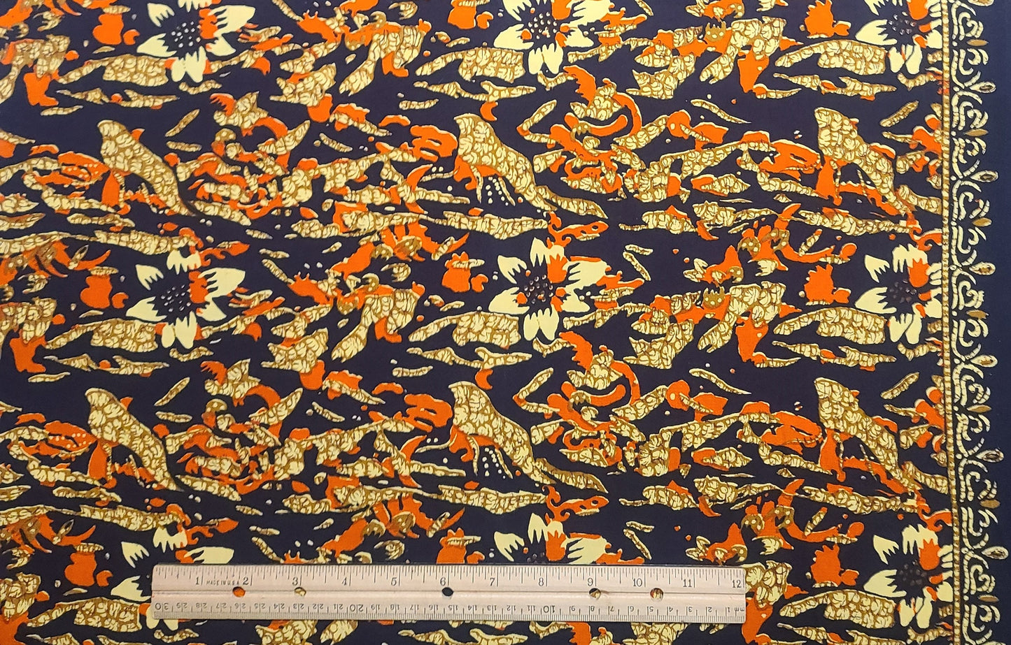 Phathana Pusa 100% Fast Colour Cottoron G5/35NO557 - Dark Blue Fabric / Orange, Yellow, Gold Abstract Flower Print