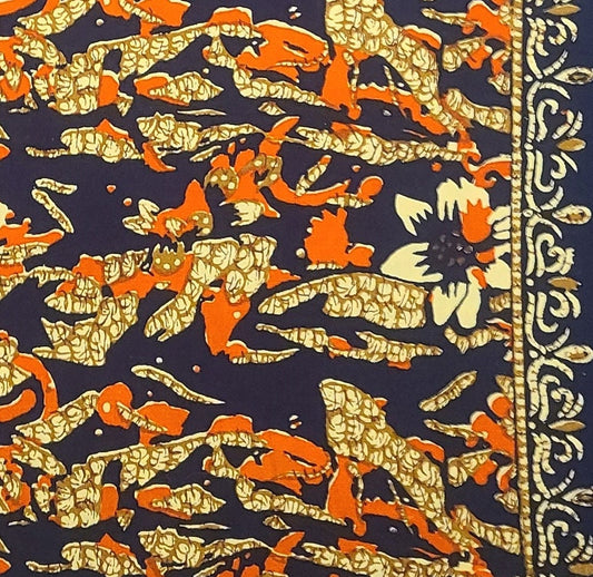 Phathana Pusa 100% Fast Colour Cottoron G5/35NO557 - Dark Blue Fabric / Orange, Yellow, Gold Abstract Flower Print