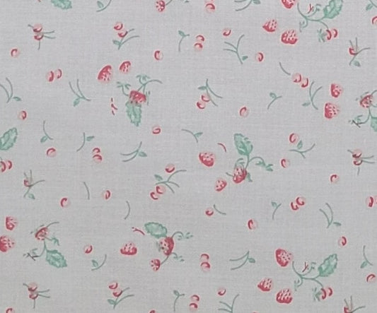 White Voile Fabric / Strawberry and Cherry Print / Green Leaves - Selvage to Selvage Print