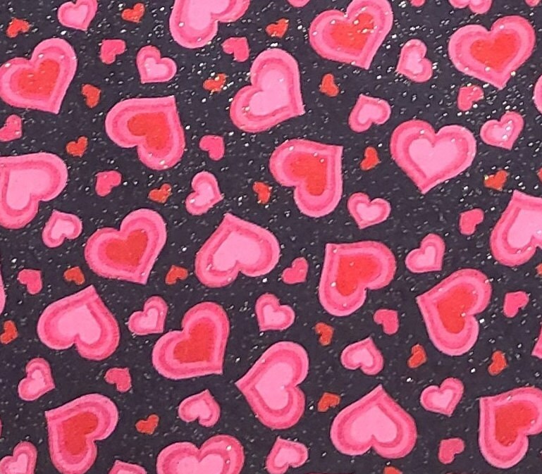 Fabric Traditions 2008 - Black Fabric / Pink and Red Multi-Sized Heart Print / Allover Gold Glitter