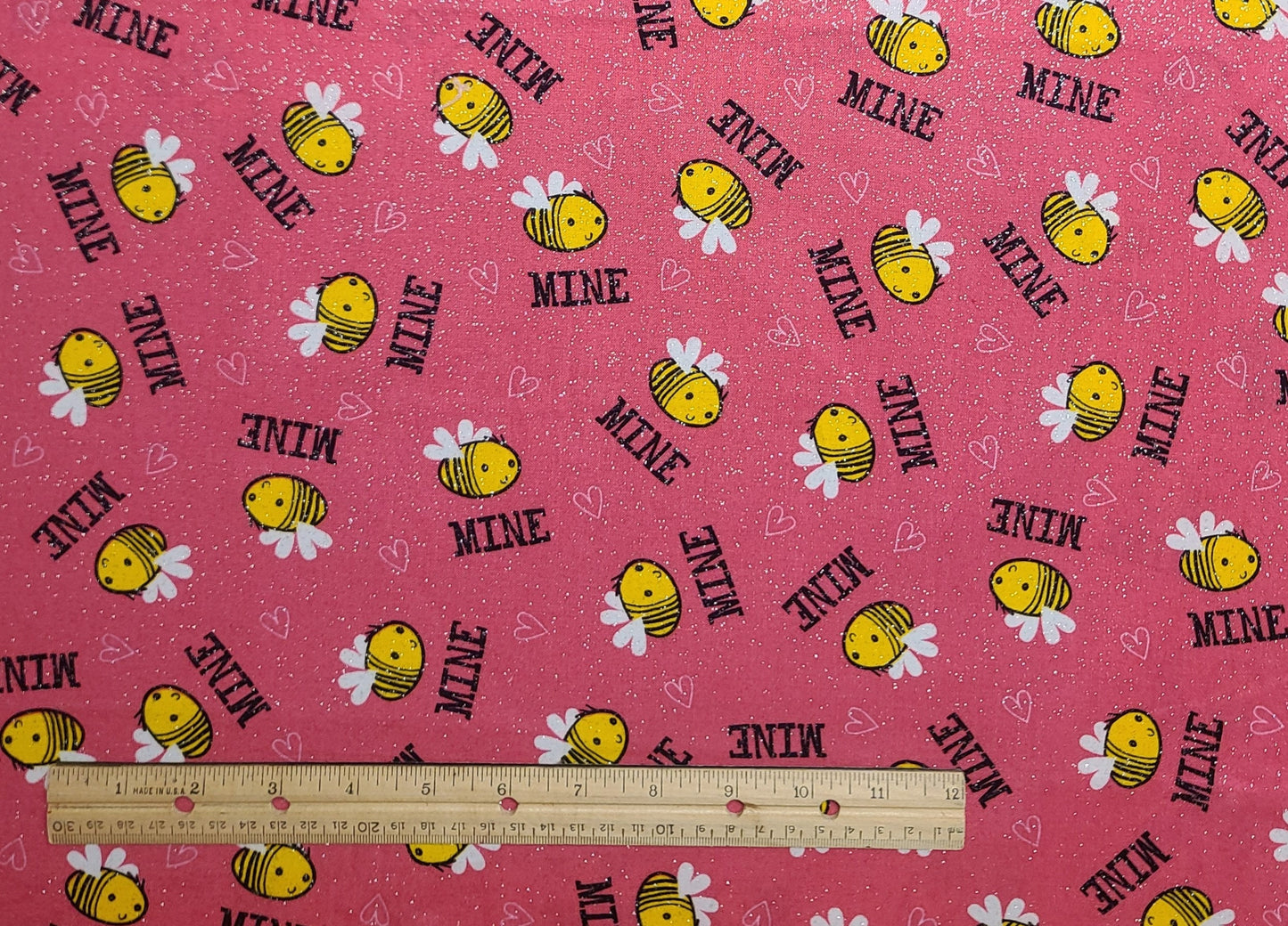 EOB - Joann Fabric - Bright Pink Fabric / Cartoon-Style Bee Mine / Allover Silver Glitter